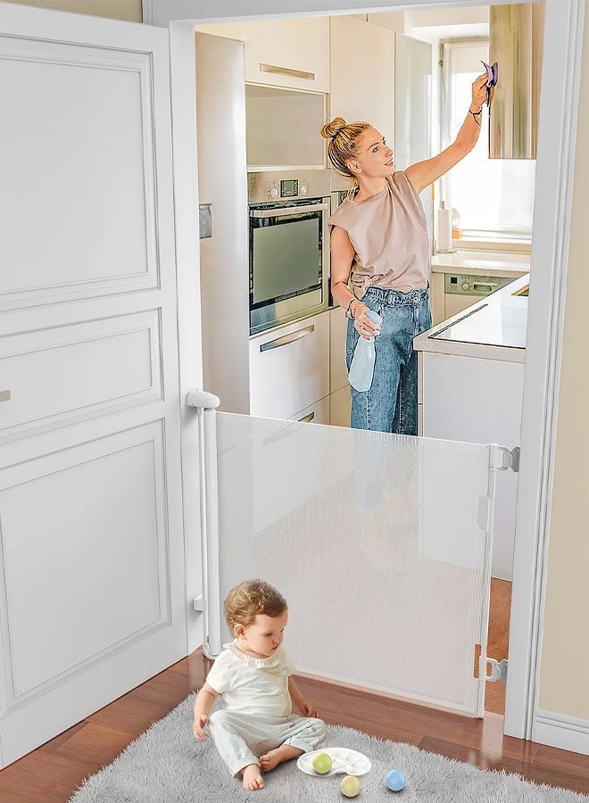ريوليو بوابة أطفال قابلة للسحب من ، حاجز أمان شبكي للأطفال والحيوانات الأليفة، بوابة أمان عريضة بارتفاع 34 بوصة (86 سم) وعرض 59 بوصة (1.5 متر)، بوابة كلاب للحيوانات الأليفة مناسبة للأبواب والسلالم، للاستخدام الداخلي والخارجي (لون أبيض). - Image 3
