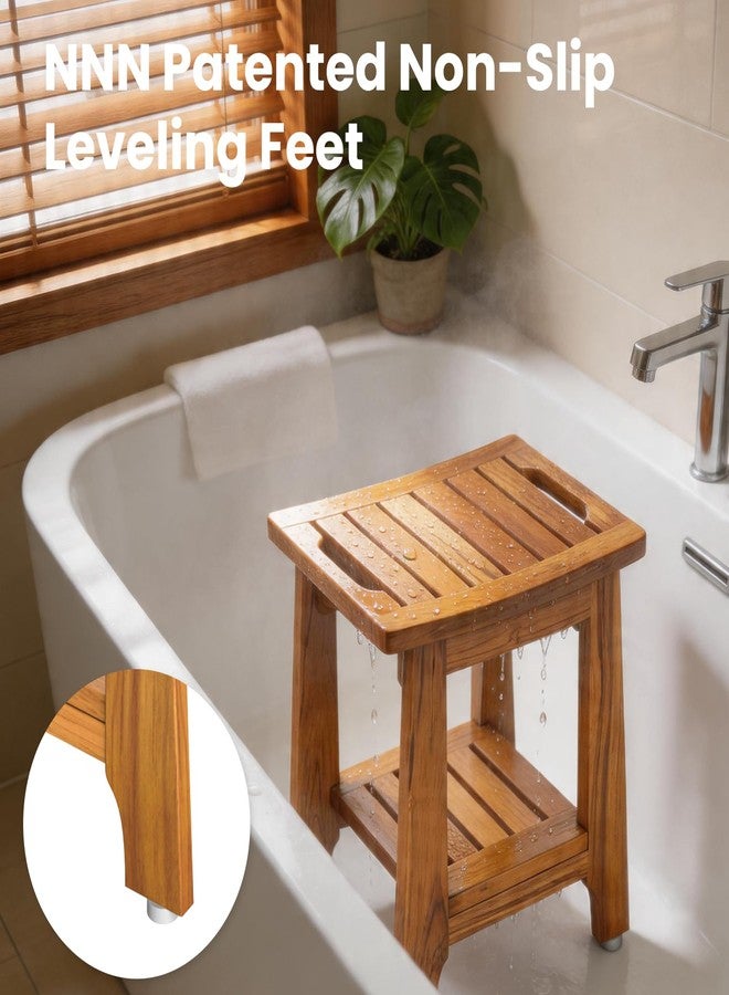 NNN 14" Compact Teak Shower Stool with Shelf & Handle - Waterproof, Non-Slip Bath Bench for Small Bathrooms/Tub/Outdoor Use, 300 lbs Capacity (Patented) - Image 2