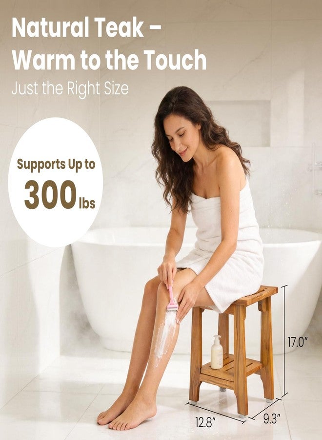 NNN 14" Compact Teak Shower Stool with Shelf & Handle - Waterproof, Non-Slip Bath Bench for Small Bathrooms/Tub/Outdoor Use, 300 lbs Capacity (Patented) - Image 5