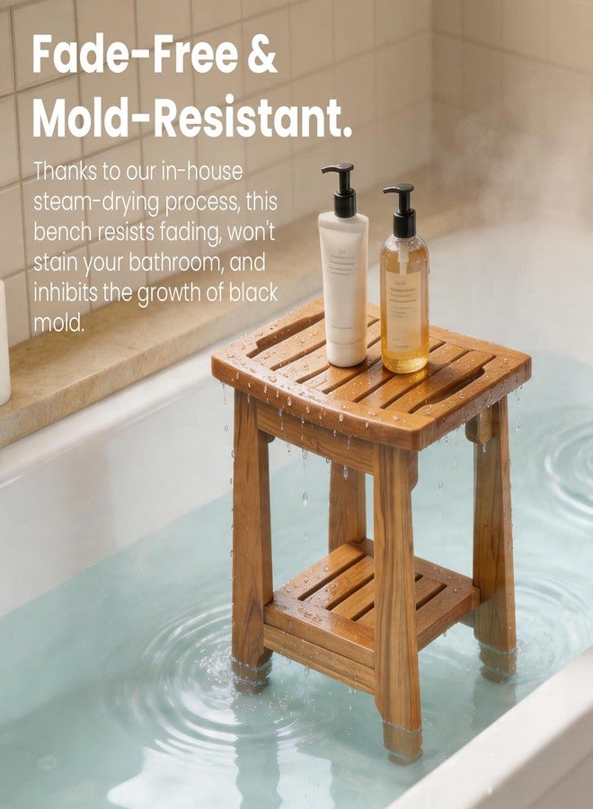 NNN 14" Compact Teak Shower Stool with Shelf & Handle - Waterproof, Non-Slip Bath Bench for Small Bathrooms/Tub/Outdoor Use, 300 lbs Capacity (Patented) - Image 3