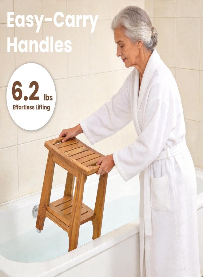 NNN 14" Compact Teak Shower Stool with Shelf & Handle - Waterproof, Non-Slip Bath Bench for Small Bathrooms/Tub/Outdoor Use, 300 lbs Capacity (Patented) - Image 4