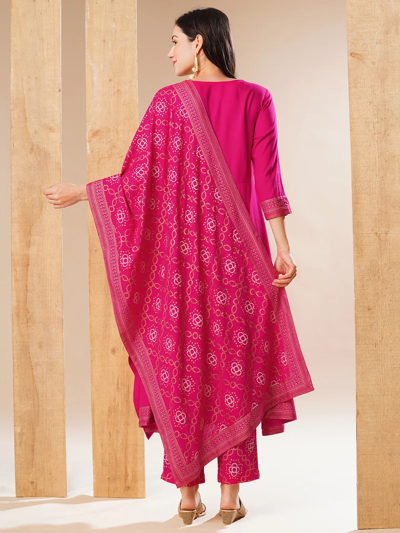 جلو باص Women Pink Embroidered Yoke Design Thread Work A-Line Kurta With Trousers & Dupatta