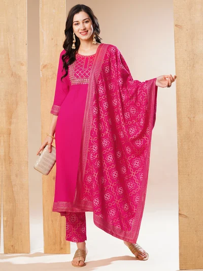 جلو باص Women Pink Embroidered Yoke Design Thread Work A-Line Kurta With Trousers & Dupatta