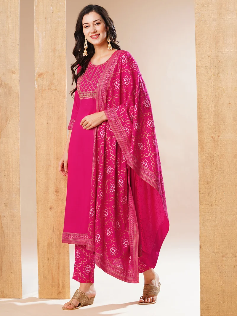 جلو باص Women Pink Embroidered Yoke Design Thread Work A-Line Kurta With Trousers & Dupatta