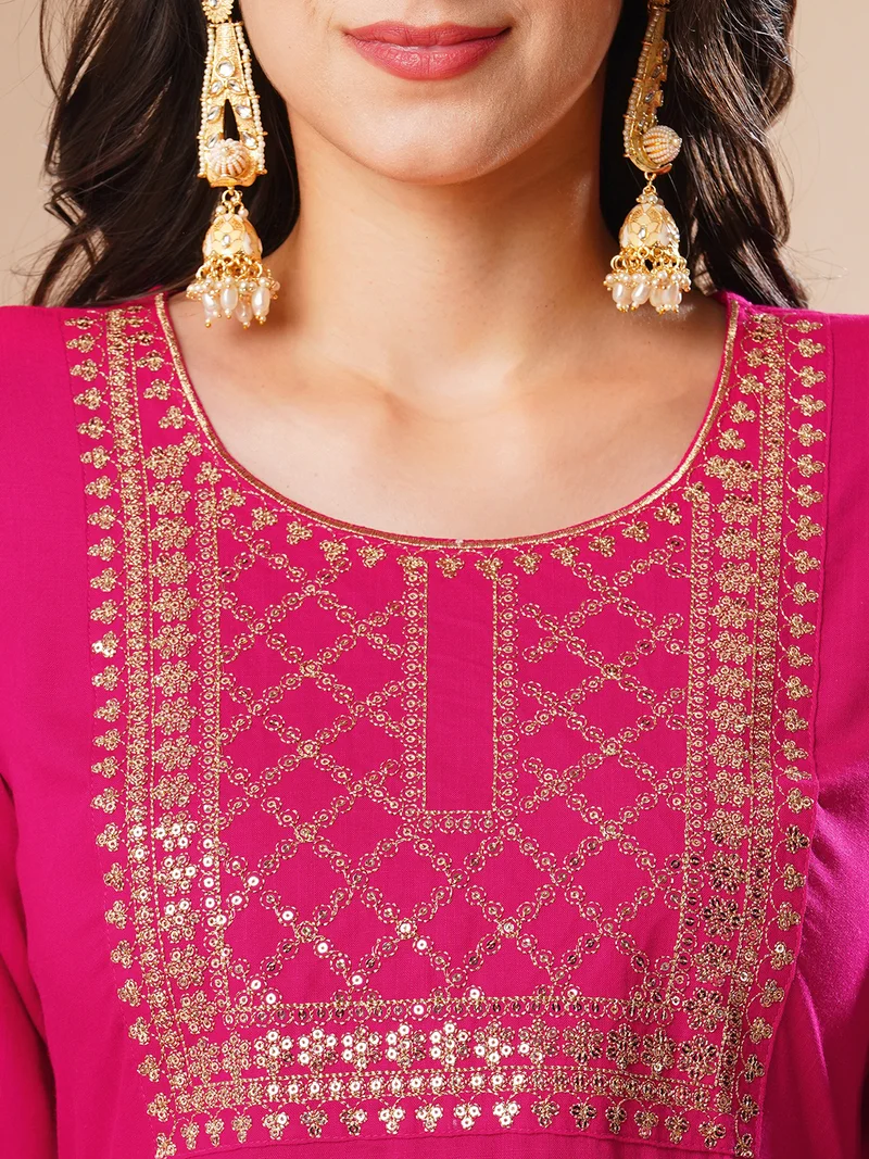 جلو باص Women Pink Embroidered Yoke Design Thread Work A-Line Kurta With Trousers & Dupatta