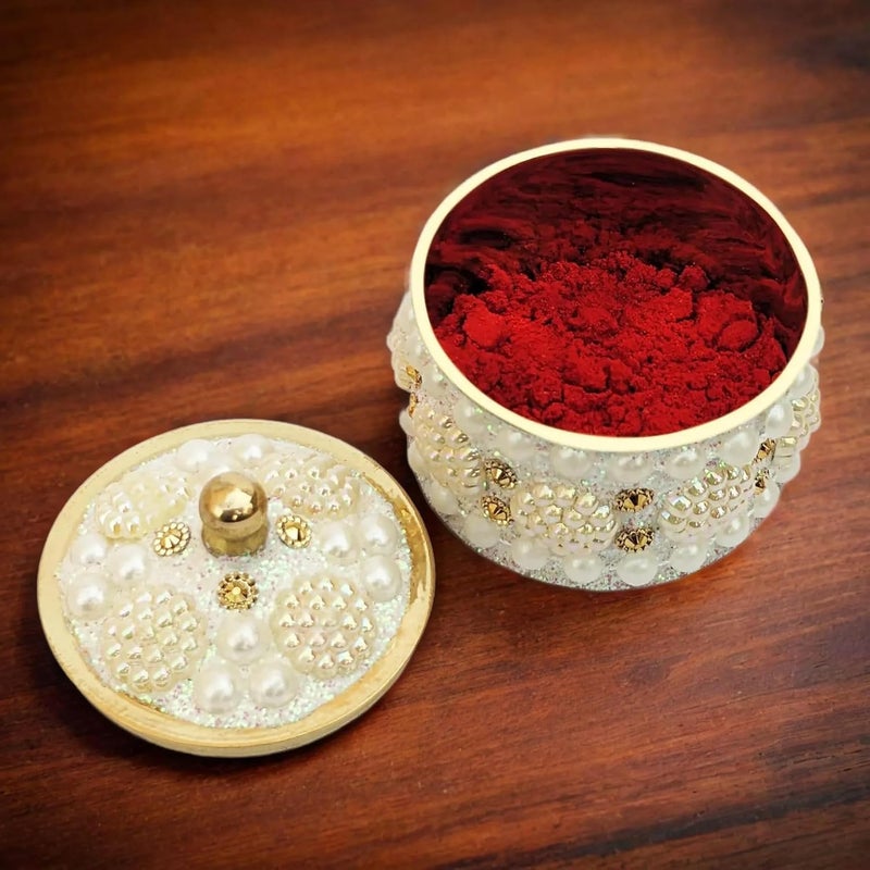 KOIL Handcrafted White Moti Sindoor Dibbi: White Pearls & Shiny Brass Kumkum Box, Sindoor Dani Fancy Sindoor Dibbi Earrings Moti Box, Ideal for Gifting & Decoration (Pack of 1) - Image 5