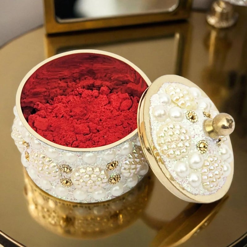 KOIL Handcrafted White Moti Sindoor Dibbi: White Pearls & Shiny Brass Kumkum Box, Sindoor Dani Fancy Sindoor Dibbi Earrings Moti Box, Ideal for Gifting & Decoration (Pack of 1) - Image 2