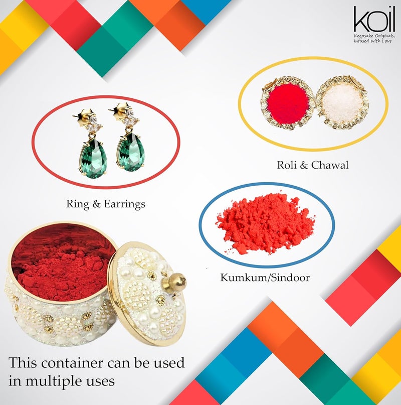 KOIL Handcrafted White Moti Sindoor Dibbi: White Pearls & Shiny Brass Kumkum Box, Sindoor Dani Fancy Sindoor Dibbi Earrings Moti Box, Ideal for Gifting & Decoration (Pack of 1) - Image 3