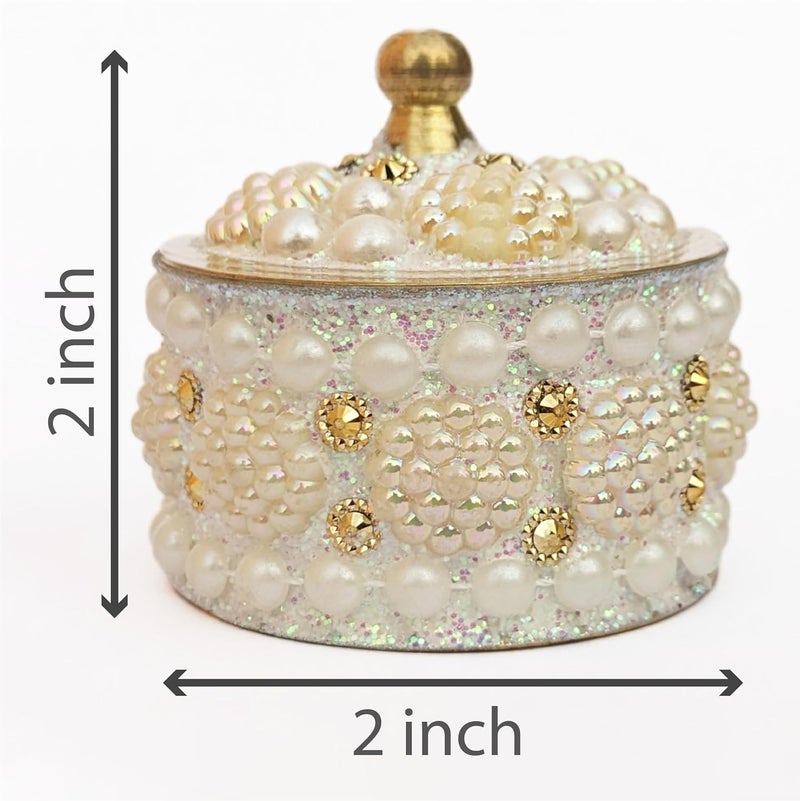 KOIL Handcrafted White Moti Sindoor Dibbi: White Pearls & Shiny Brass Kumkum Box, Sindoor Dani Fancy Sindoor Dibbi Earrings Moti Box, Ideal for Gifting & Decoration (Pack of 1) - Image 4