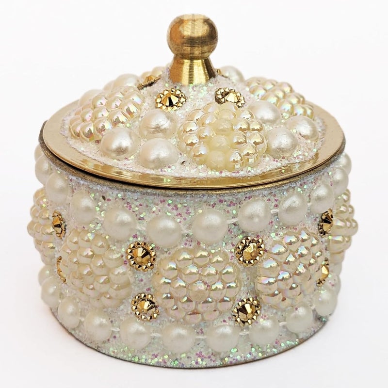 KOIL Handcrafted White Moti Sindoor Dibbi: White Pearls & Shiny Brass Kumkum Box, Sindoor Dani Fancy Sindoor Dibbi Earrings Moti Box, Ideal for Gifting & Decoration (Pack of 1) - Image 1