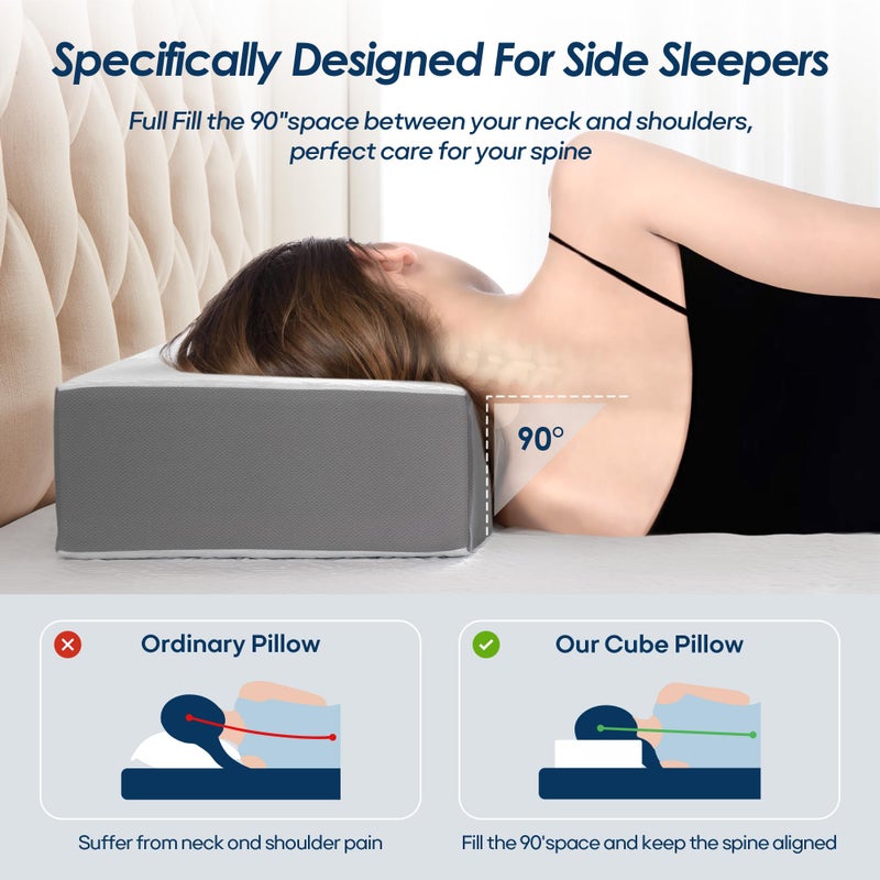 Kehangte Cooling Cube Pillow for Side Sleepers, Square Memory Foam Side Sleeper Pillow Firm Soft Double-Sided Supportive, Support Head Cervical Pillow for Neck Shoulder Pain, 24"x12"x5" - Image 2