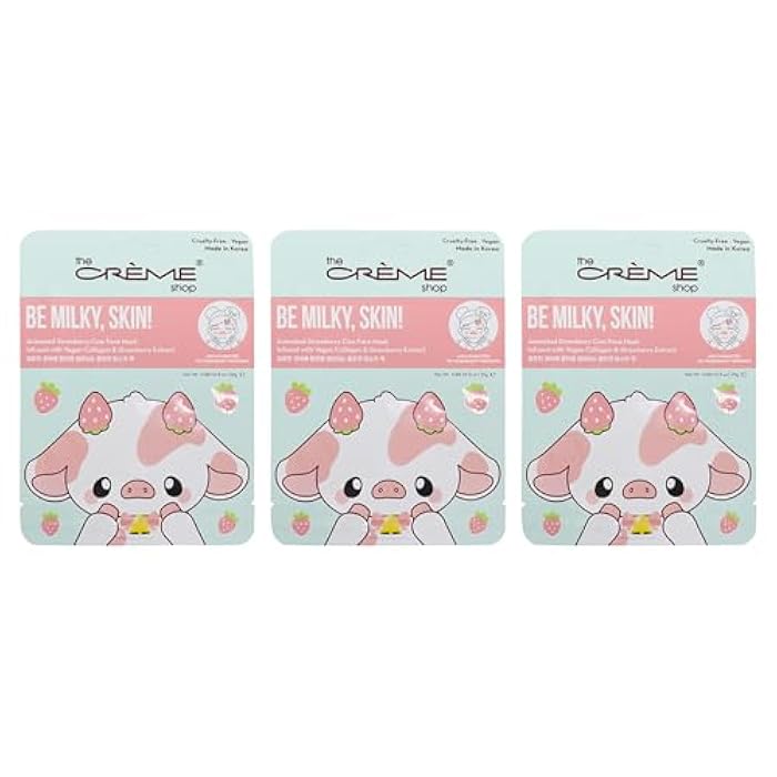 The Crème Shop Be Milky, Skin! Animated Strawberry Cow Face Mask, Vegan Collagen Facial Mask, K Beauty Sheet Mask - 3 Pack - Image 1