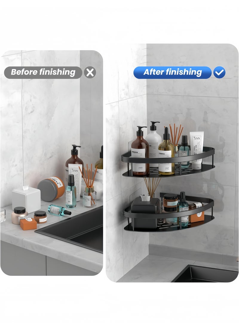 Bath rack 2 Pack Adhesive Corner Shower Caddy Organizer with 4 Hooks, Hanging Plastic Shower Shelf Basket Storage Racks No Drilling Rustproof Wall Mounted for Dorm College, Black  - Image 2