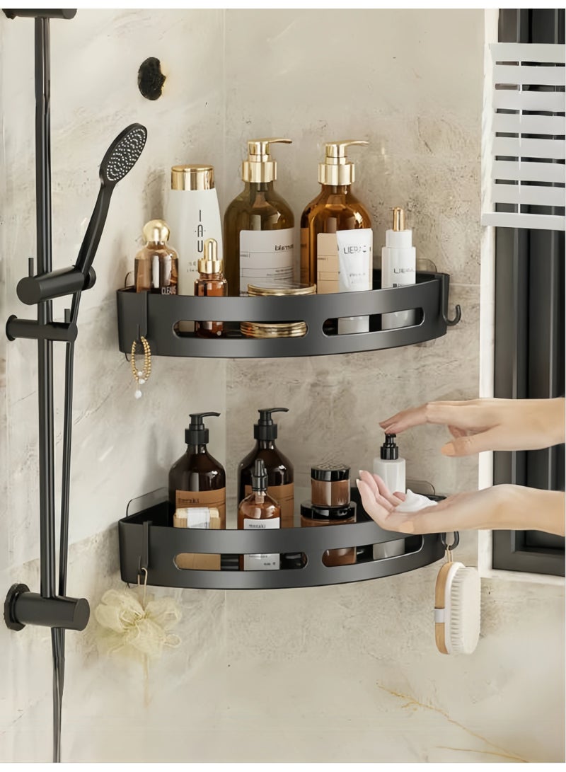 Bath rack 2 Pack Adhesive Corner Shower Caddy Organizer with 4 Hooks, Hanging Plastic Shower Shelf Basket Storage Racks No Drilling Rustproof Wall Mounted for Dorm College, Black  - Image 1