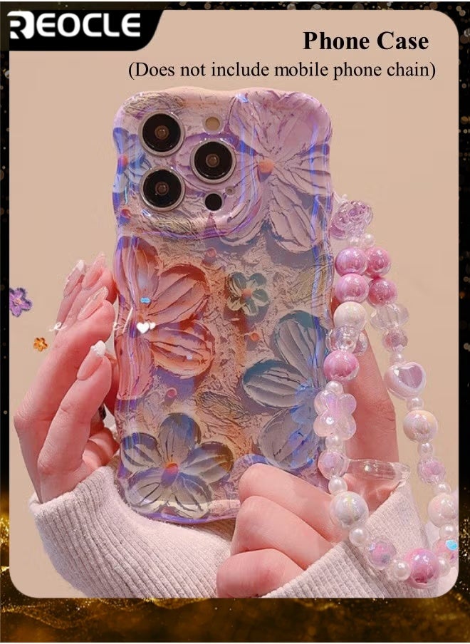 Phone Case for iPhone 14 Pro Max Colorful Retro Oil Painting Printed Flower Laser Beam Glossy Pattern Cute Curly Waves Border Exquisite Phone Cover Stylish Durable Protective Case for Girls