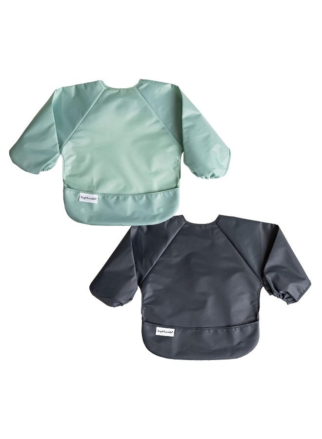 Tiny Twinkle Mess Proof Baby Bibs, 2pk Waterproof Smock Baby Bibs for Eating, Machine Washable Long Sleeve Bibs, Baby Led Weaning, Toddler Bibs, BLW Supplies (Sage Charcoal, Small 6-24 Months) - Image 1