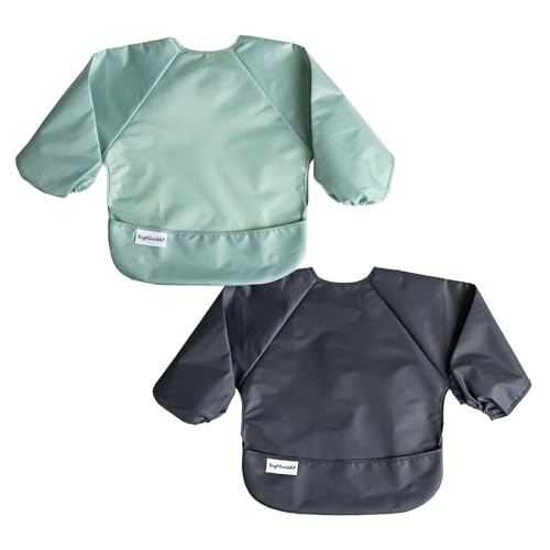 Tiny Twinkle Long Sleeve Bib for Babies Toddlers 2Pack Waterproof Smock Bib for Eating Machine Washable MessProof Feeding Essentials Newborn Shower Gift Sage Charcoal624M - Image 1