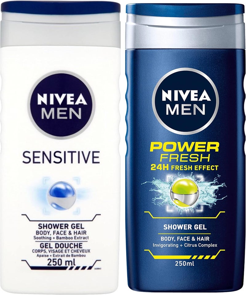 Nivea MEN Shower Gel Twin Set SENSITIVE POWER FRESH Body Face Hair Wash 2 x 250ml Exclusive Selection from Kingdom Supplies