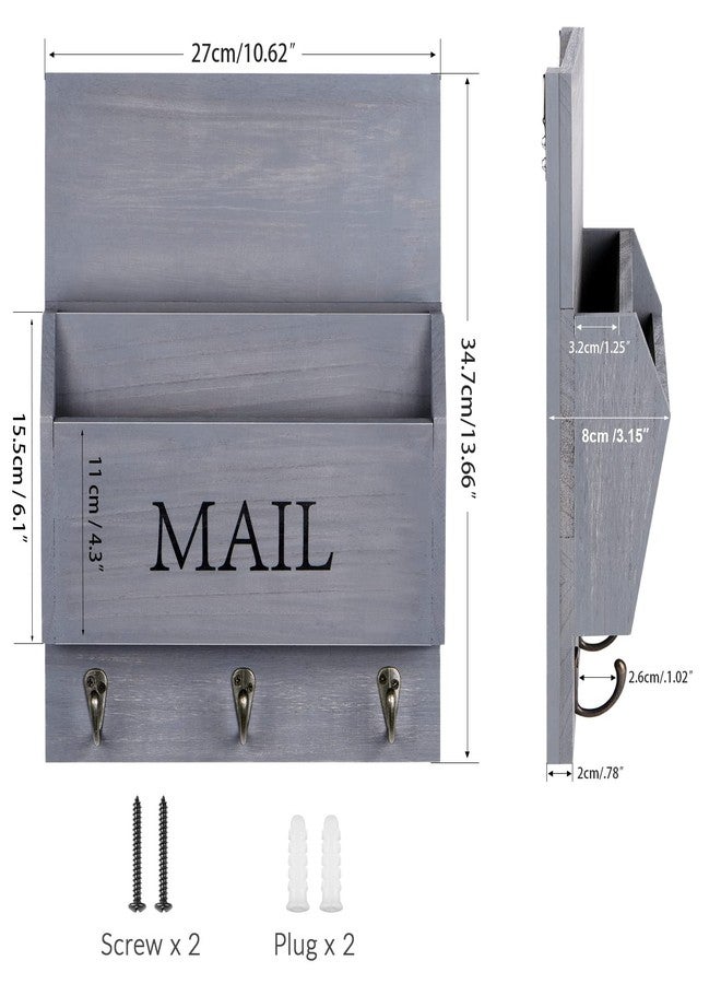 DLQuarts Mail Organizer with Key Holder for Wall Decorative Mail Sorter Wall Mounted, Wooden Mail Holder with 3 Hooks, Gray - Image 5