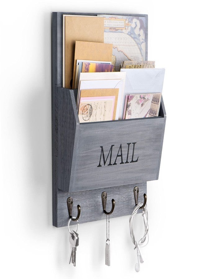 DLQuarts Mail Organizer with Key Holder for Wall Decorative Mail Sorter Wall Mounted, Wooden Mail Holder with 3 Hooks, Gray - Image 1