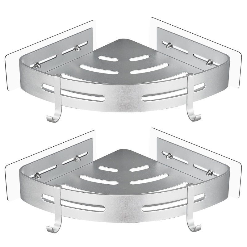 GRICOL Corner Shower Shelf No Drilling Metal with 2 Hooks for Shower Holder Rust Proof Self Adhesive Bathroom Items Silver