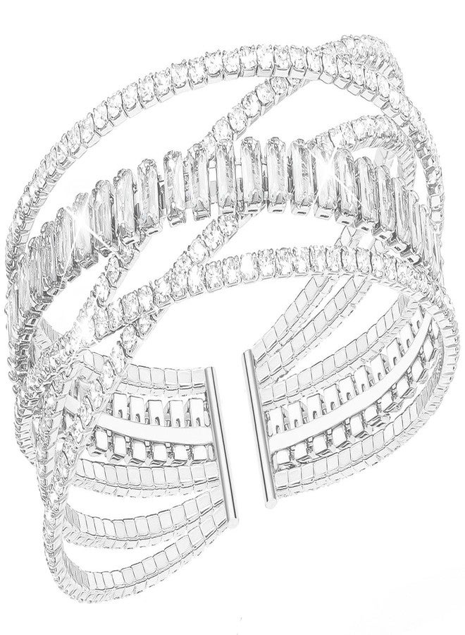 Suyi Rhinestone Cuff Bracelet Multilayer Crystal Bracelet Bride Bracelets for Women Silver 1 - Image 1