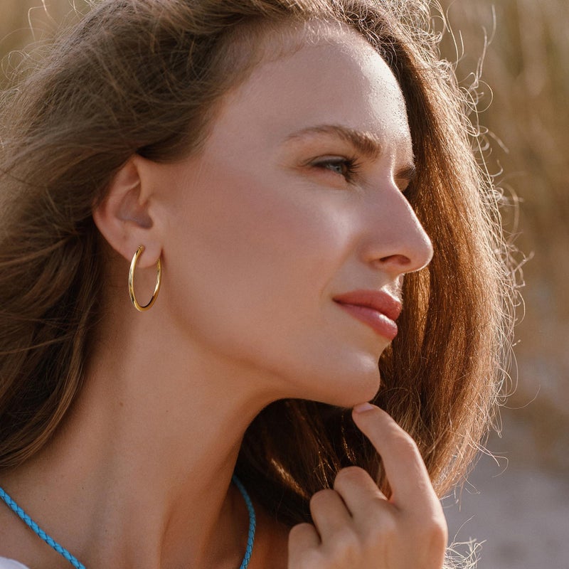 Gacimy 14K Gold Plated Hoop Earrings for Women, 14K Gold Plated Hoops with 925 Sterling Silvertone Post, Yellow Color 30mm Medium Earrings for Women - Image 3