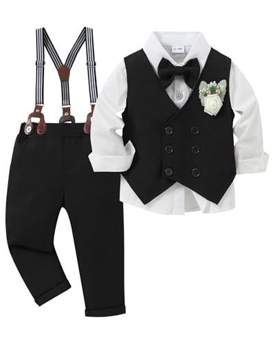 YALLET Toddler Baby Boy Clothes Suit Gentleman Wedding Outfits Formal Dress ShirtBowtieVestBoutonniereSuspender PantsV BlackWhite 1824 Months - Image 1
