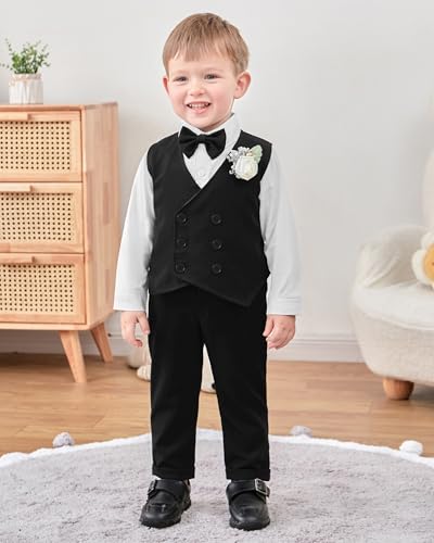YALLET Toddler Baby Boy Clothes Suit Gentleman Wedding Outfits Formal Dress ShirtBowtieVestBoutonniereSuspender PantsV BlackWhite 1824 Months - Image 3