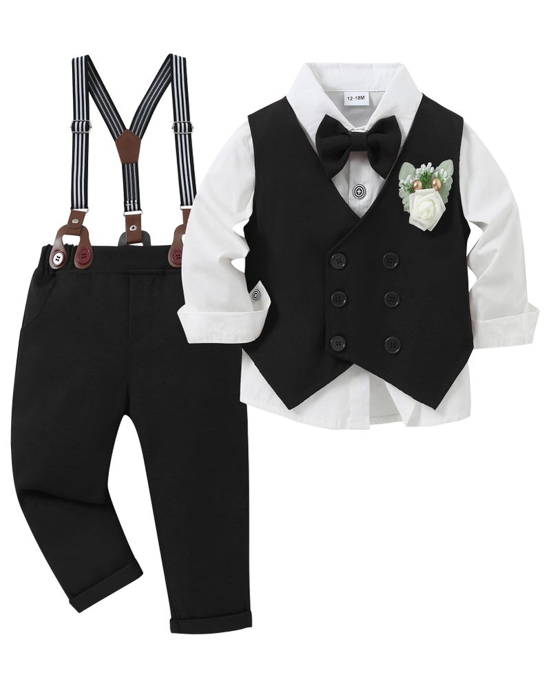 YALLET Toddler Baby Boy Clothes Suit Gentleman Wedding Outfits Formal Dress ShirtBowtieVestBoutonniereSuspender PantsV BlackWhite 1824 Months - Image 2