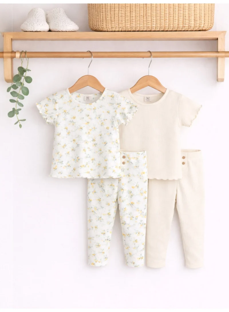 Infant Girls 2-Pack Rib T-Shirts & 2-Pack Rib Leggings Set (Daisy Floral & Cream Stripe)