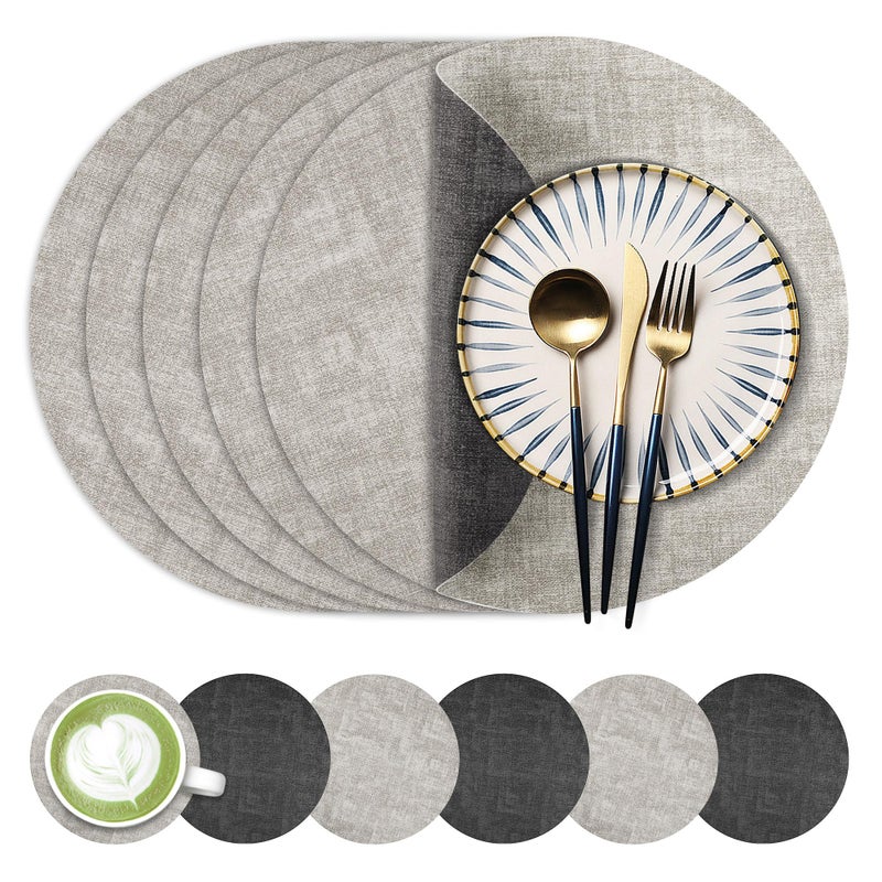 Fyvva 13-Inch Faux Leather Round Placemats Set of 6, Waterproof Anti-Slip Dual Sided Place mats, Heat Resistant Washable Table Mats with Coaster, Suitable for Indoor & Outdoor (6, Black Light Gray) - Image 1