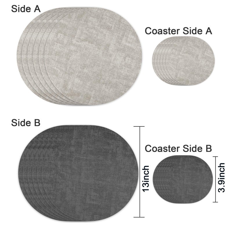 Fyvva 13-Inch Faux Leather Round Placemats Set of 6, Waterproof Anti-Slip Dual Sided Place mats, Heat Resistant Washable Table Mats with Coaster, Suitable for Indoor & Outdoor (6, Black Light Gray) - Image 2