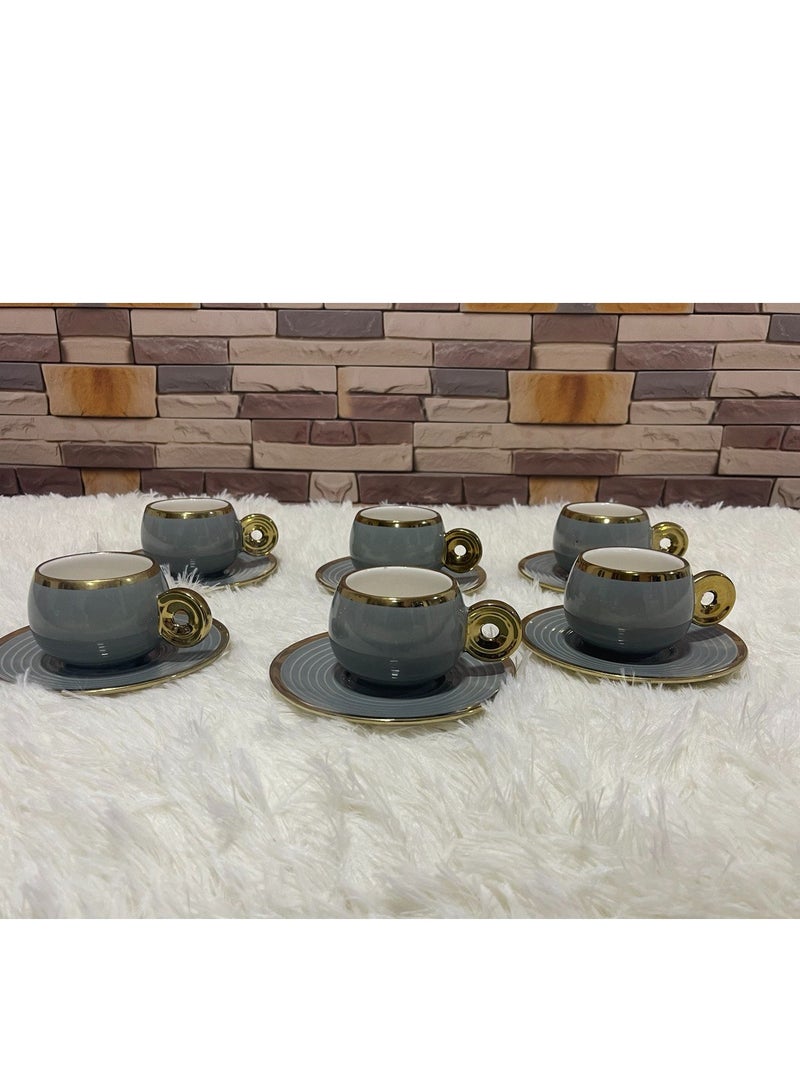 Coffee Set 12Pcs - Porcelain - Grey and Gold