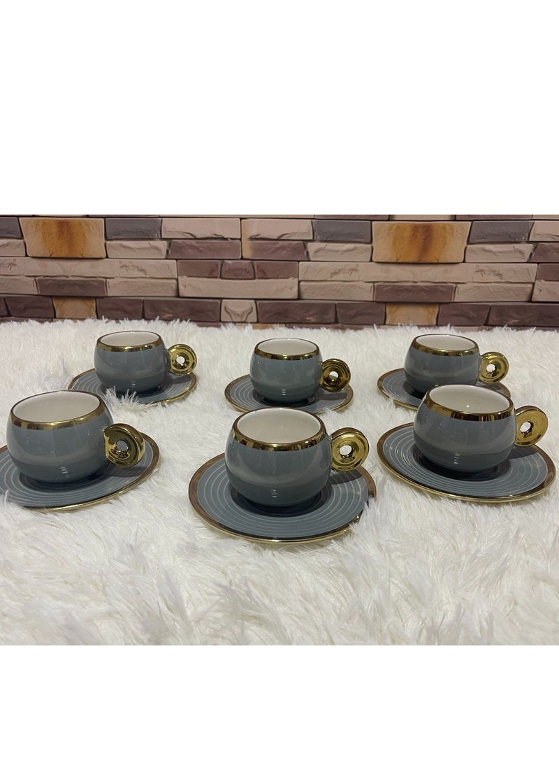 Coffee Set 12Pcs - Porcelain - Grey and Gold