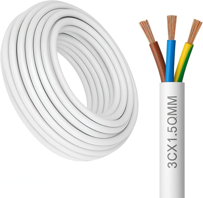 سلك U.E المرن – 3 نواة × 1.5 مم² – 70°C – H05VV-F 100% نحاس – أبيض – صنع في تركيا – كابل كهربائي متين (10 متر) - Image 1