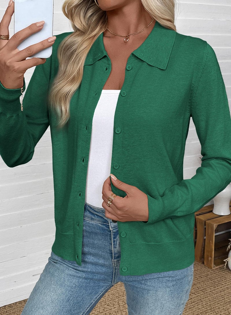 EVALESS Cardigan Sweaters for Women Lightweight Trendy Long Sleeve Lapel Collar Button Down Sweaters Fall 2025 Casual Soft Wool Blend Knit Cardigans Sweater Tops Dark Green Medium - Image 2
