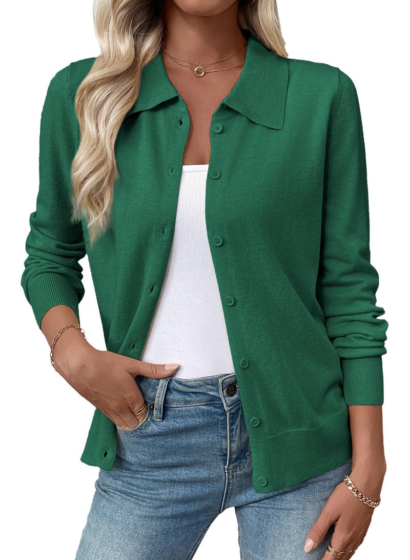 EVALESS Cardigan Sweaters for Women Lightweight Trendy Long Sleeve Lapel Collar Button Down Sweaters Fall 2025 Casual Soft Wool Blend Knit Cardigans Sweater Tops Dark Green Medium - Image 1