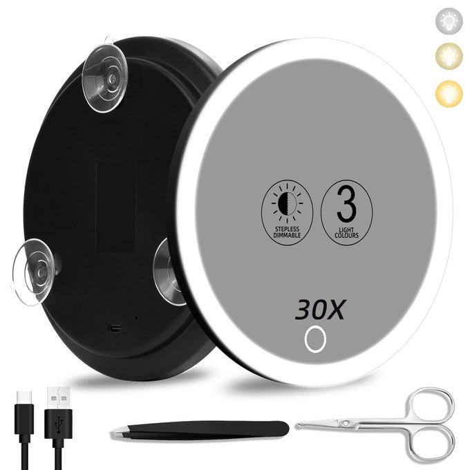 30X MAGNIFYING MIRROR WITH LIGHT 3 COLORS DIMMING LIGHTED WITH 3 SUCTION CUPS TRAVEL LIGHT UP HIGH MAGNIFICATION MAKEUP MIRROR WITH TWEEZERS SCISSORS
