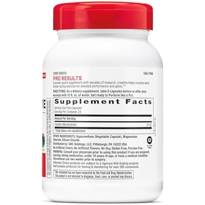 GNC جي إن سي برو بيرفورمانس كرياتين مونوهيدرات، يحسن بناء العضلات، التحمل، الأداء، 3.5 جرام، 120 كبسولة - Image 2