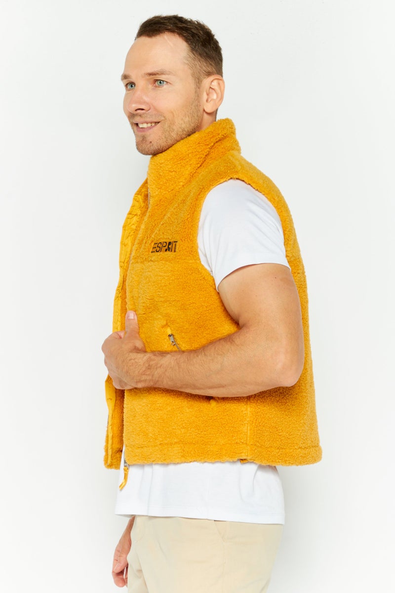 ESPRIT Men Embroidered Logo Faux Fur Vest Jackets, Mustard - Image 3