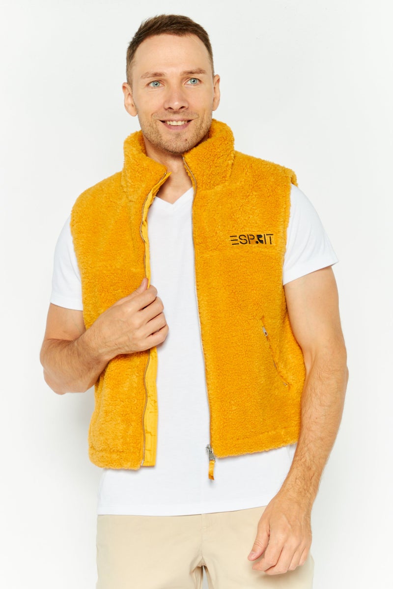 ESPRIT Men Embroidered Logo Faux Fur Vest Jackets, Mustard - Image 1