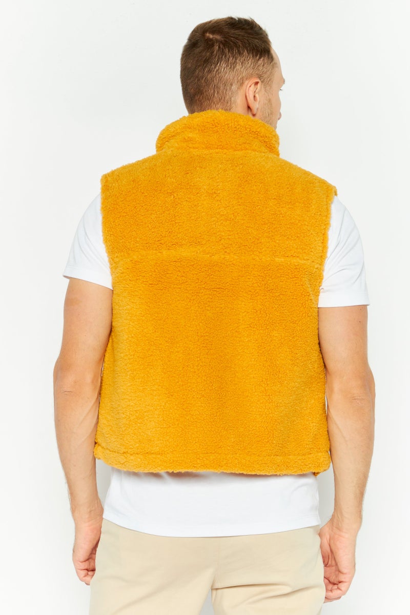 ESPRIT Men Embroidered Logo Faux Fur Vest Jackets, Mustard - Image 4