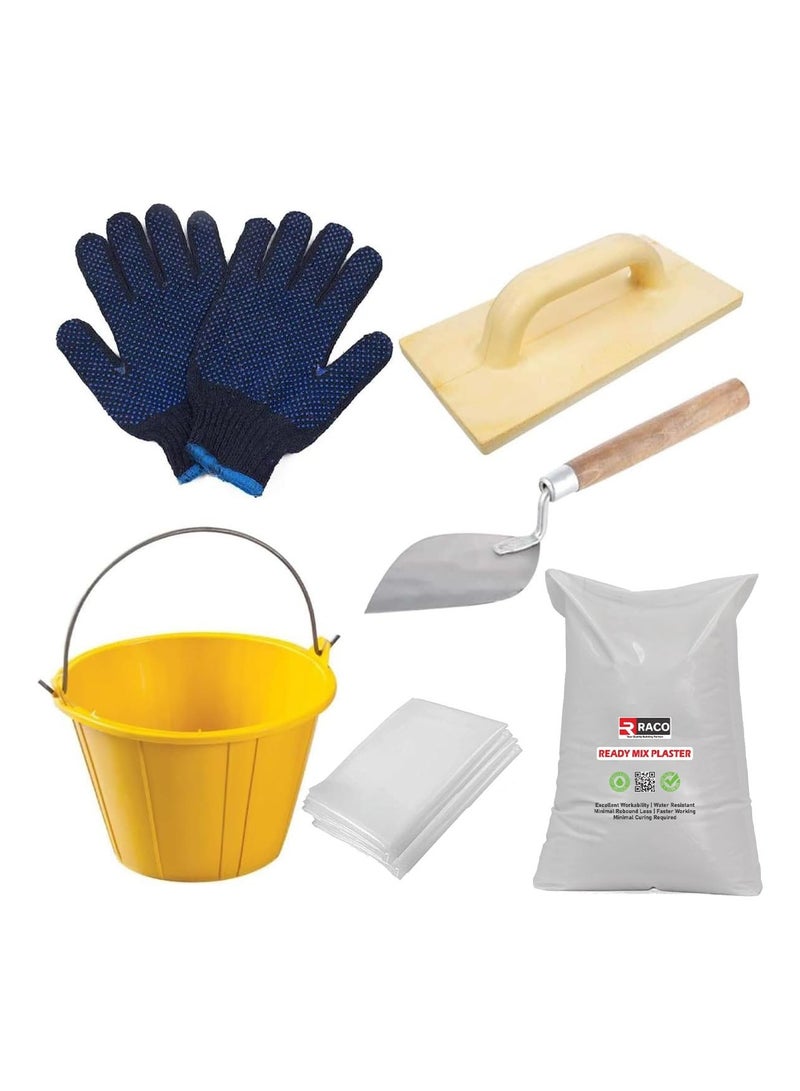 RACO RACO Ready Mix Plaster DIY Kit | Instant Cement Mix with PVC Bucket, Gurmala, Gloves & Polythene sheet | Crack Filler for Walls, Floors & Ceilings  - Image 1