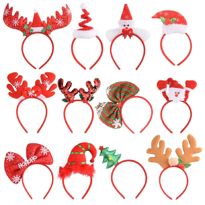 SEVEN STYLE 12 PCS Holiday HeadbandsCute Christmas head hat toppersGreat Fun and Festive for Christmas Party Favors Holiday Favors Photos Booth