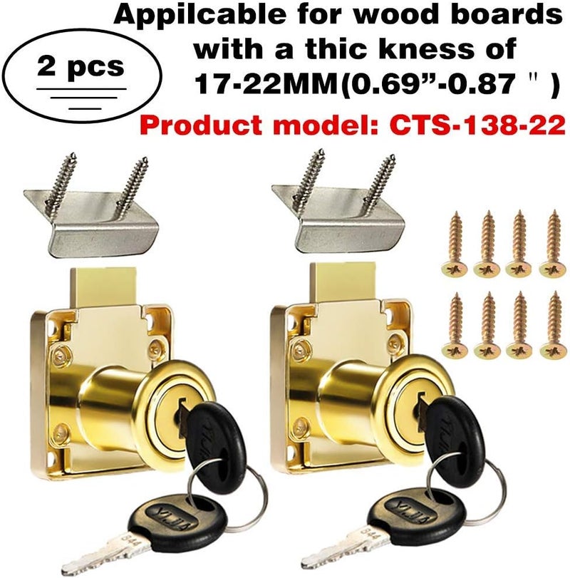 Junrbx Cabinet Drawer Lock,Mailbox Lock, Model CT-138-22,for Fixing Important Documents and Drawers ((Hole Diameter 0.75inch/19MM), Suitable for Door Panels with A Thickness of 17 mm-22 mm. 2 PCS 【Golden】 - Image 2