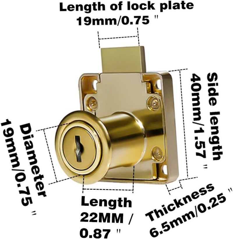 Junrbx Cabinet Drawer Lock,Mailbox Lock, Model CT-138-22,for Fixing Important Documents and Drawers ((Hole Diameter 0.75inch/19MM), Suitable for Door Panels with A Thickness of 17 mm-22 mm. 2 PCS 【Golden】 - Image 3