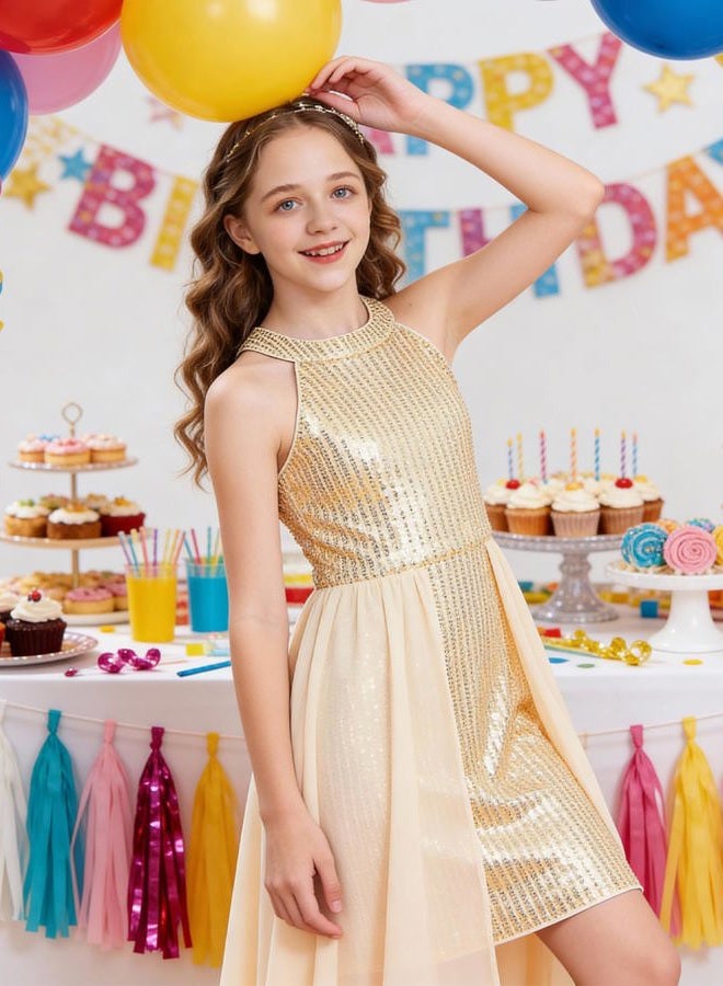 GRACE KARIN Girls Fancy Dress Gold Kids Sequin Formal Party Prom Sparkly Pageant Birthday Graduation Dresses Size 9-10 - Image 3