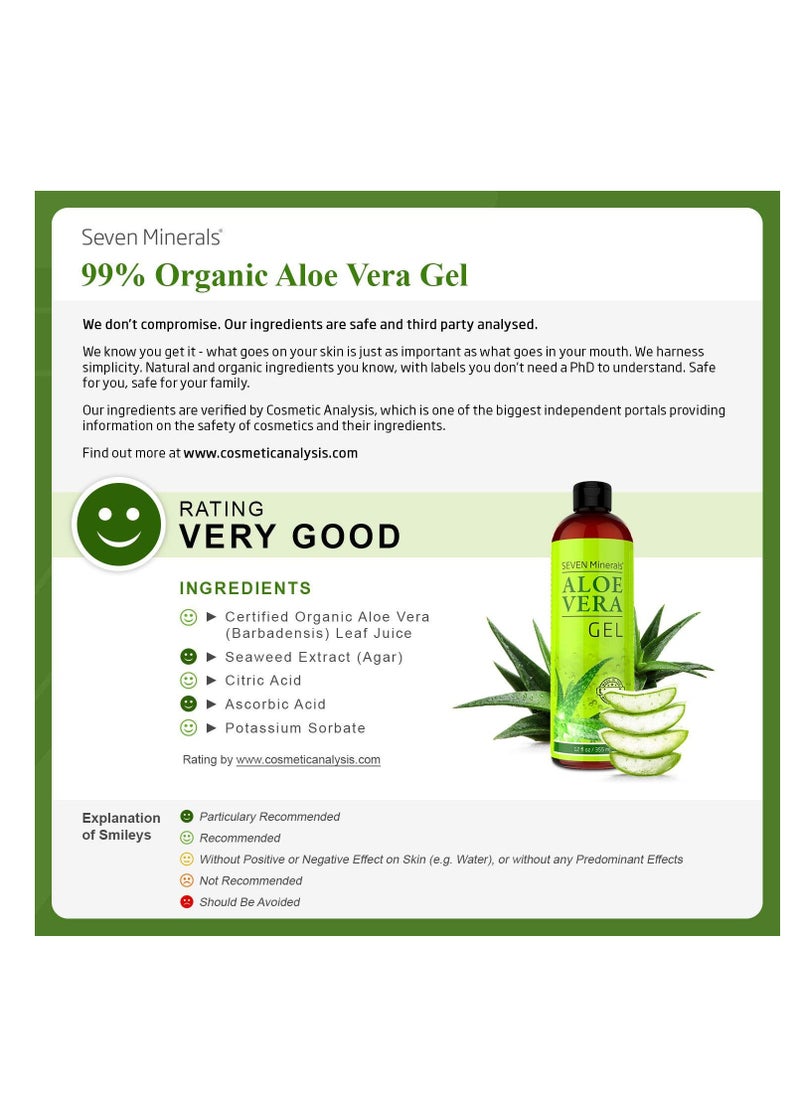 Seven Minerals Seven Minerals Aloe Vera Gel - 99% Organic, Big 12 oz - NO XANTHAN, so it Absorbs Rapidly with No Sticky Residue - Made from Real Juice, NOT Powder  - Image 2