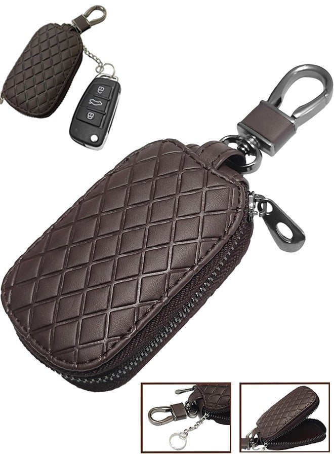 MXN PU Leather Car Key Case Car Bag, Genuine Leather Car Key Fob Cover, Anti Scratch, Unisex Men & Women Universal Remote Key Fob Cover, with Zipper and Metal Hook (Coffee) - Image 1